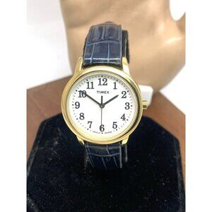 Timex Women's Watch T2N954 Quartz White Dial Blue Leather Strap 30mm Gold Case